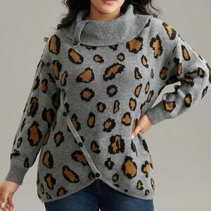 BloomChic Women's Leopard Print Cowl Neck Sweater Top Gray Animal Print Sz 14-16